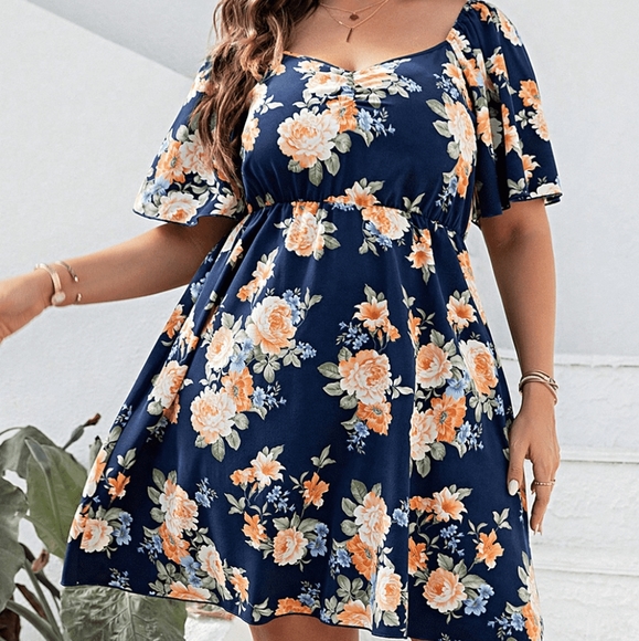 Navy Floral Print Flutter Sleeve Mini Dress - Picture 3 of 5